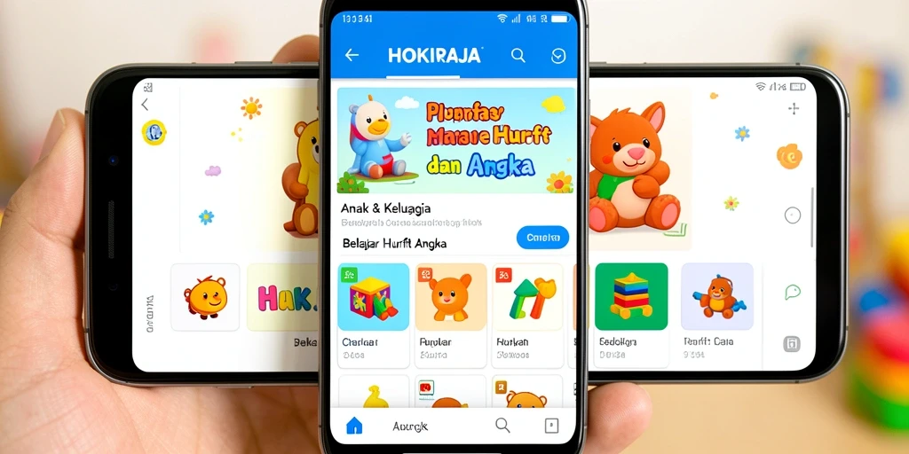 Antarmuka user-friendly HOKIRAJA yang mendukung belajar huruf dan angka.