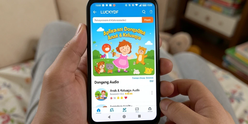 Antarmuka aplikasi LUCKYDF untuk mendengarkan dongeng audio anak.