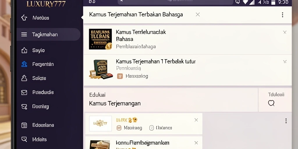 Tampilan antarmuka aplikasi LUXURY777 dengan fitur Kamus Terjemahan.